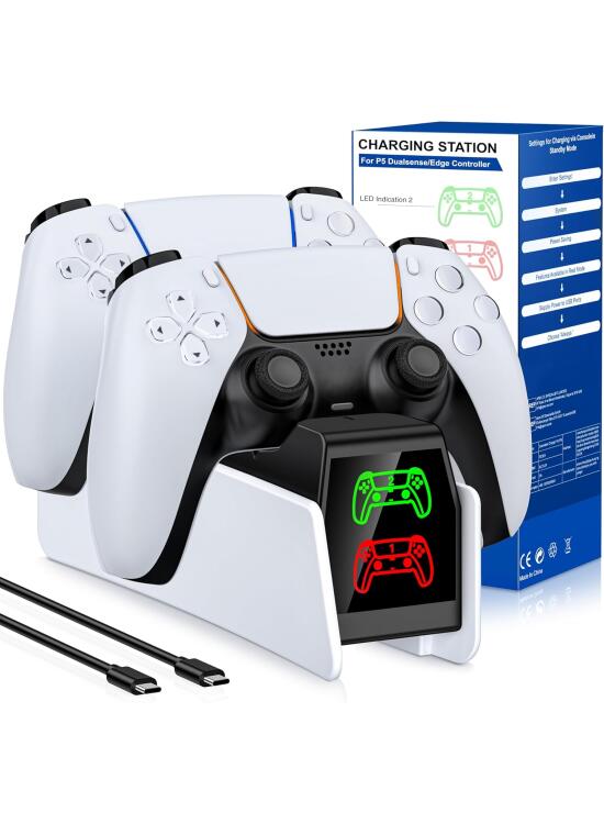 Cargador Mando PS5 de Estación, Carga Rápida en 2-3 Horas/Indicador LED para Controller Inalámbricos DualSense/Edge, Accesorio PS5 para Mando Play 5