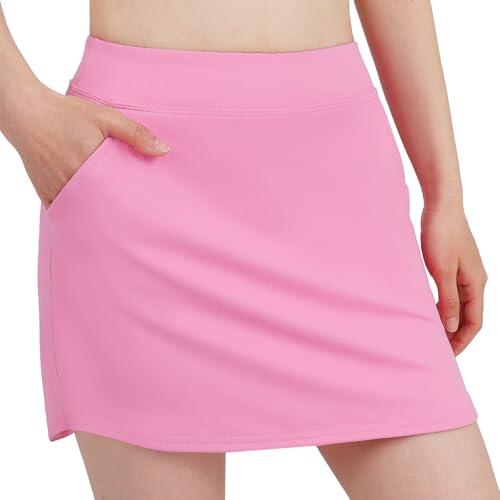 Weixinbuy Faldas de tenis para niñas con bolsillos laterales, pantalones cortos de cintura alta elástica para correr y golf, Rosado, 9-10 años