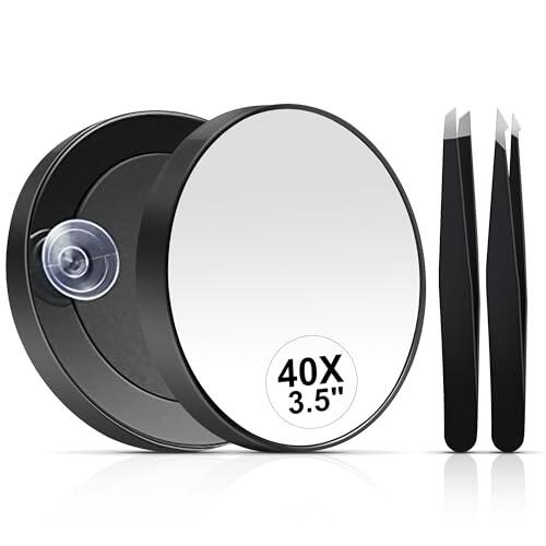Miyadiva Espejo de aumento 40X, compacto redondo de 3.5 pulgadas con ventosa, pinzas de acero inoxidable, ideal para maquillaje, cejas y barbas