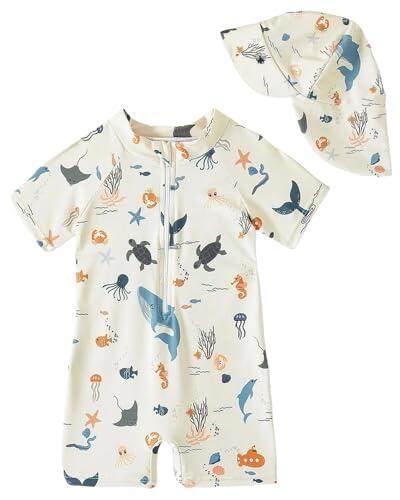 WYTbaby - Traje de baño de una pieza para bebé, traje de natación para niños pequeños de manga larga, protección UV para bebés, niños y niñas, con gorro solar, beige, 6- 12 Meses