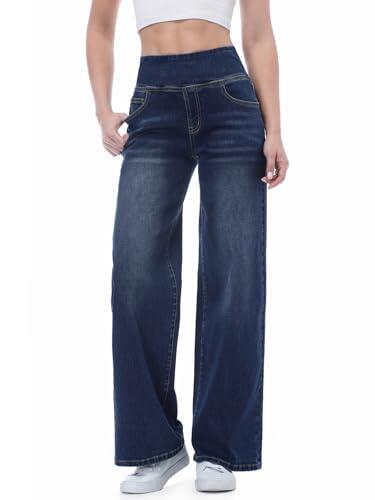 Chasehot Vaqueros Mujer Largos, Pantalones Rectos y Ancha Jeans Elásticos Push Up Cintura Alta con Bolsillos Talla Grande, Lavado Indigo Oscuro-M, 31"