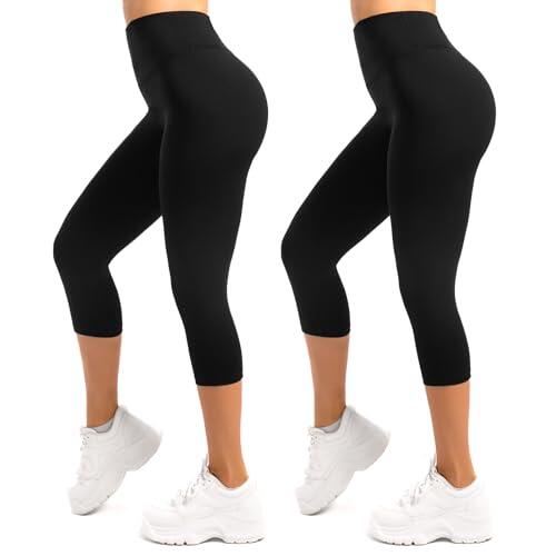 SINOPHANT 3/4 Leggings Mujer Cintura Alta Opaco Elástico Tallas Grandes Leggings 2 Pack Negro L-XL