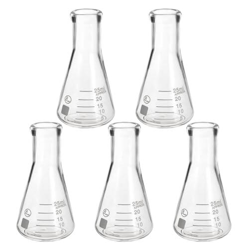 PATIKIL Matraz Erlenmeyer, 5Pzs 25ml 1oz Boca Estrecha Matraces Graduados Vidrio Borosilicato Con Escala Impresa Para Experimentos De Laboratorio Química Estudio Científico