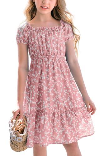 Haloumoning Vestidos para niña, cuello cuadrado, vestido floral, vestido de verano con mangas abullonadas, línea A, vestido de fiesta para niños, Rosa., 13-14 años