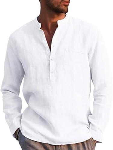 Runcati Camisa de lino para hombre, manga larga, algodón, lino, camisa de ocio, corte regular, para playa, verano, Blanco, XL