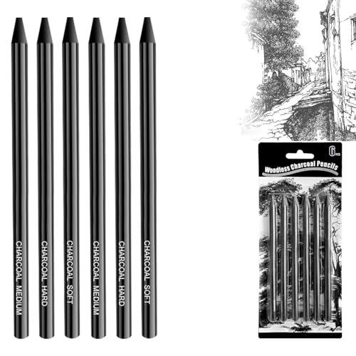 Yeenao - Juego de 6 lápices de carbón y varillas para dibujar lápices de carbón suave, medio duro, dibujo para artistas, bocetos y mezclas (2 suaves + 2 medianos + 2 duros)