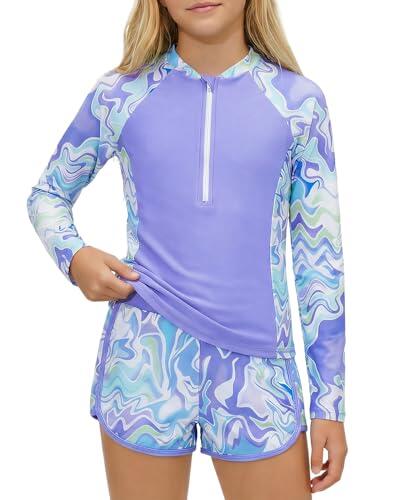 JiAmy Traje de baño para niña con pantalones cortos, traje de baño de dos piezas para niñas, traje de baño de manga larga con cremallera, traje de baño de 8 a 12 años, Morado (, 9-10 años
