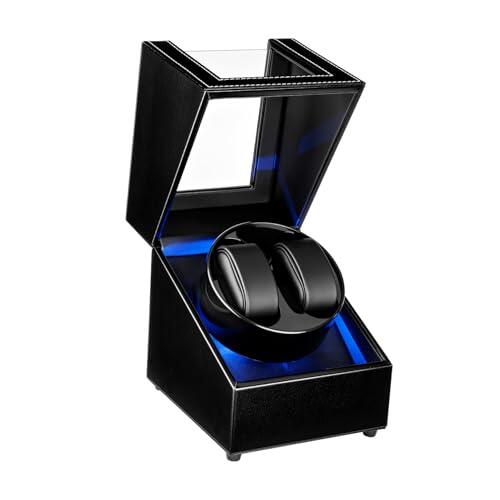 Mcbazel Caja Giratoria Automática para Relojes Dual – Watch Winder Estuche de Almacenamiento para 2 Relojes de Cuero PU con 4 Modos de Rotación, Carga por USB y Luz LED Azul – Negro