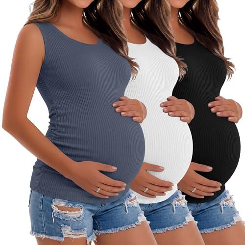 Riyiper Paquete de 3 Camisetas sin Mangas para Mujer Embarazada, de algodón, con Laterales de Punto Acanalado y Fruncido(Negro, Blanco, Azul neblina,XXL)