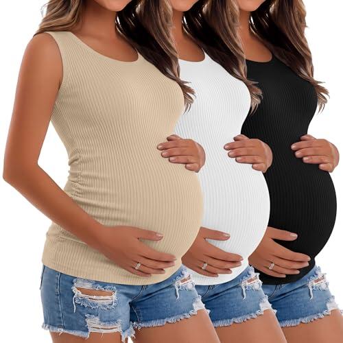 Riyiper Paquete de 3 Camisetas sin Mangas para Mujer Embarazada, de algodón, con Laterales de Punto Acanalado y Fruncido(Negro, Blanco, Caqui,L)