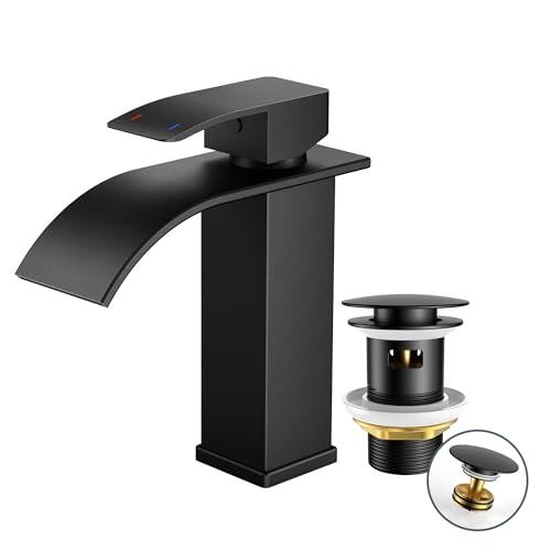 Grifo de Baño FORIOUS con Juego de Desagüe, Grifo Negro de Cascada para Lavabo, Grifo Mezclador Monomando con Altura de Pico de 110 mm, Ahorro de Agua y Energía