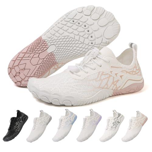 ZEPYFXIT Zapatos de Agua Mujer Hombre Secado Rápido Calzado Descalzos Ligeras Flexibles Barefoot Zapatillas de Deportes Transpirable Piscina Playa(Blanco Rosa,38 EU)