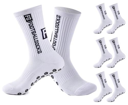 Werfunee 3 pares de calcetines de fútbol para hombre y mujer, antideslizantes, para fútbol, Blanco, 39-46