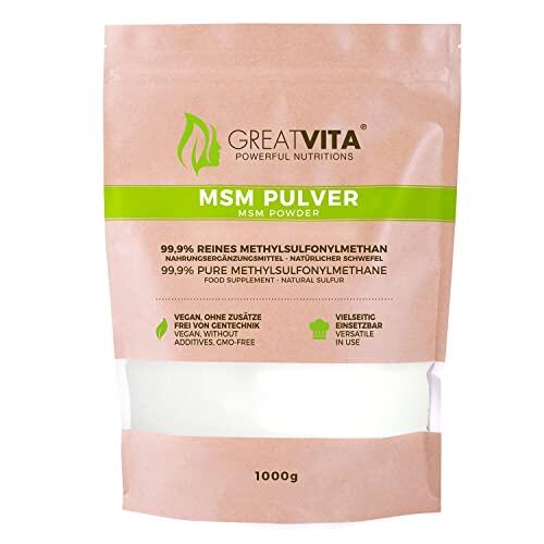 Polvo MSM 1000 g – 99,9% de metilsulfonilmetano, polvo de azufre fino y orgánico – MSM powder para mezclar en agua, zumos y batidos – 1 kg stock, sin aditivos, sin gluten y sin OGM | GreatVita