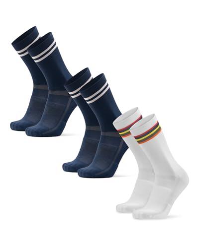 DANISH ENDURANCE Calcetines de Ciclismo, Calcetines Deportivos Anti-Ampollas Hombre Acolchados y Transpirables, para Hombres y Mujeres, 3 y 5 Pack, Multicolor (2xazul Marino/Rayas, 1xblanco/Rayas),