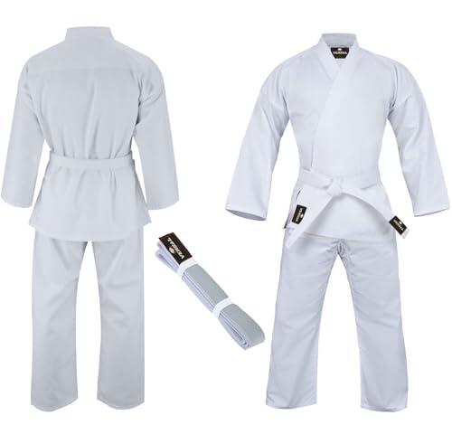 VERSAL Karate Gi para Niños/Adultos Uniforme de Karate | Traje de Karate Blanco para Estudiantes | 8 oz Polialgodón Ligero Uniforme de Artes Marciales Entrenamiento Sparring Taekwondo con Cinturón