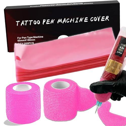 202pcs Tattoo Griff Abdeckung Tattoo Zubehör Set, Unihuby 2pcs Grip Tape und 200pcs Einweg Pen Bags Grips Cover Wrap Maschine Cover