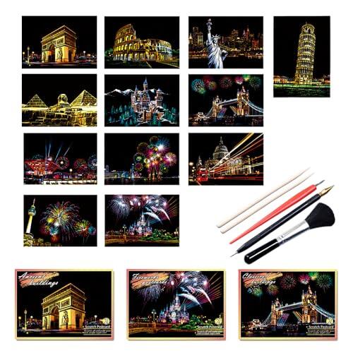 12 piezas de papel de arte para rascar, pintura de arco iris, bocetos, serie ciudad, arte nocturno, manualidades, rascar para adultos y niños con 5 herramientas.