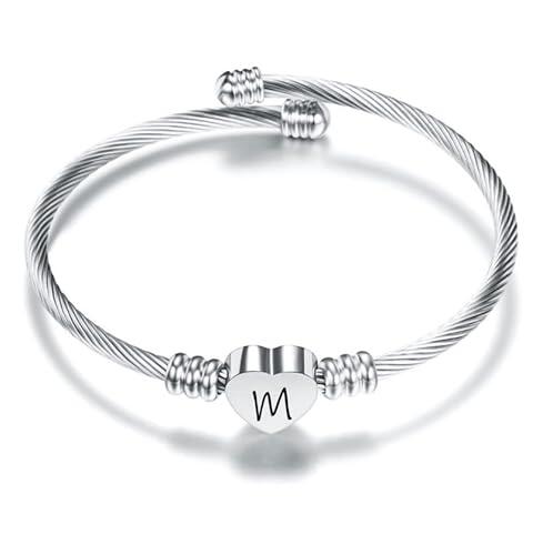 Suonie Plata Amor Corazón 26 Letra Inicial Alfabeto A-Z Pulsera Joyería Regalo Ajustable Para Hija Hijo Hermanas Amigos Madre Colega Amante Cumpleaños Navidad (M)