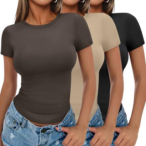 Ekouaer Camisetas para Mujer Paquete de 3 Manga Corta tee Shirt Cuello Redondo Elástico Tops, Negro + Caqui + Marrón, L