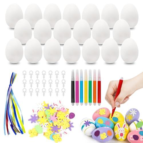 LETSHOLD 25 Piezas Huevos de Pascua Blanco de Plástico para Pintar, 6 cm, Kit de Manualidades de Pascua con Pluma de Acuarela, Pegatinas y Cordones, Huevos Colgar para Decorar (A)