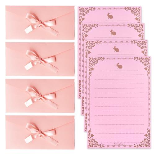4 Sobres Rosas, 4 Hojas De Papelería Con Estampado De Conejo, Sobres De Regalo Con Lazos, Bonitos Sobres Para Tarjetas De Felicitación, Adecuados Para Invitaciones, Tarjetas De Regalo