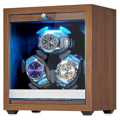 ANWBROAD Caja Relojes Automáticos para 3 Relojes Watch Winder 4 Modos de Rotación con LED y Motor Rotador Mabuchi Supersilencioso Giratoria de Regalo JWW013M