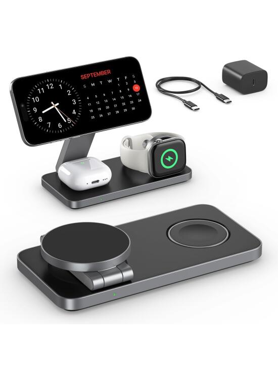 EXW Cargador inalámbrico magnético 3 en 1 Cargador portátil Plegable para iPhone 17/16/15/14/13/12 AirPods Apple Watch Adaptador de Cable 20W (Negro)