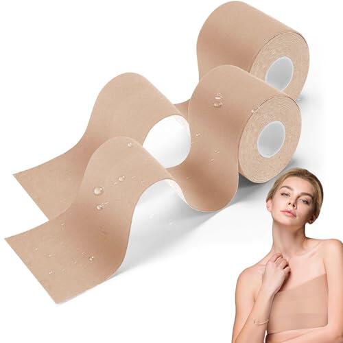 YUZHEDM 2 Piezas Cinta de Levantamiento de Senos 5m x 5cm, Sujetador Invisible de Algodón Adhesivo y Transpirable, Pegatinas de Pecho Push Up para Vestidos de Fiesta, Cabestros y Trajes de Baño