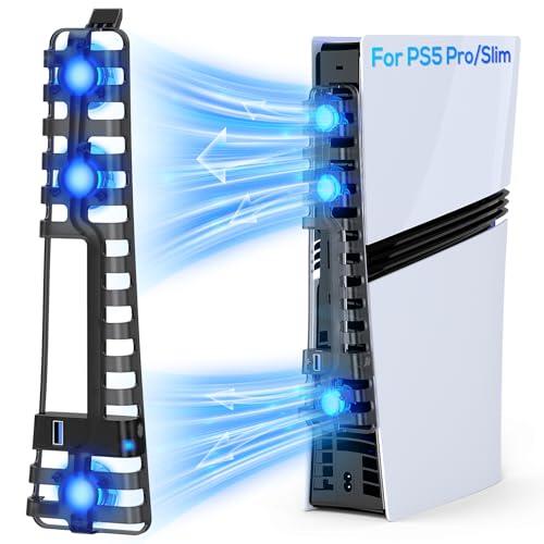 Ventilador de refrigeración automática para PS5 Pro/PS5 Slim, puerto USB 3.0, 3 velocidades ajustables, con luz LED, función de memoria, sistema de refrigeración silencioso y eficiente para PS5