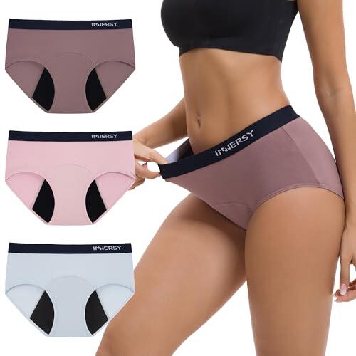 INNERSY Bragas Menstruales Algodón Braguitas Período Flujo Ligero Ropa Interior Incontinencia 3 Pack (S, Azul Claro/Morado Claro/Gris Morado)