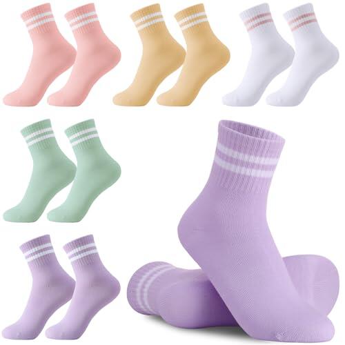 Utensilsto 5 pares de calcetines deportivos para niños calcetines de tenis 33-37 calcetines infantiles calcetines de algodón para niños y niñas, Verde con rayas blancas,Rosa con rayas blancas,Púrpura