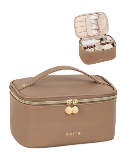 Estuche de Maquillaje Prite, Bolsa de Cosméticos de Viaje de Gran Capacidad Portátil, Organizador de Maquillaje Impermeable para Mujeres con Asa y Divisores (001 Marrón)