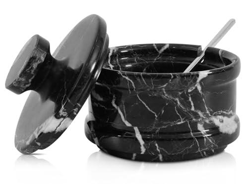 Radicaln Bodega de sal de mármol con tapa y cuchara, de 4 pulgadas, hecha a mano, para decoración de mesa de cocina, tarros de especias y recipiente de condimentos, cuencos ideales para sal y pimienta