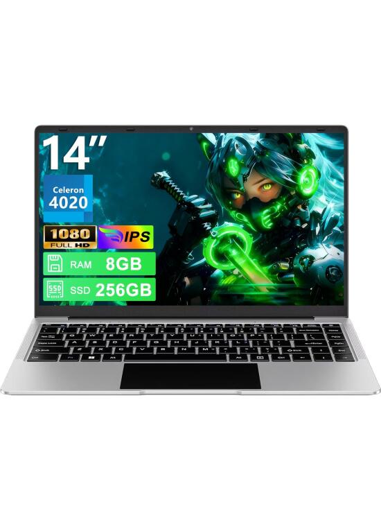 Ordenador portátil 14 Pulgadas N4020 hasta 2,8 GHz Portátil 8GB LPDDR4 RAM 256GB SSD Soporte 1TB SSD Expansión portatil 2.4G+5G WiFi BT4.2 USB, WiFi, Mini-HDMI, 1920*1080 IPS HD Pantalla-Plata-B