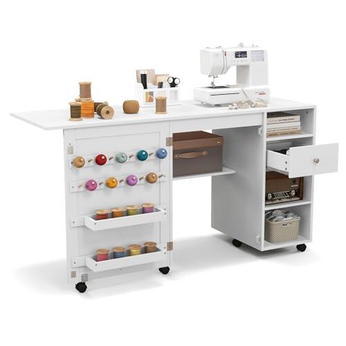 RELAX4LIFE Mesa de costura plegable sobre ruedas, mesa de costura, mesa de trabajo para corte y costura, mesa de costura multiusos con estantes y bandejas, cajón, peldaños, ruedas bloqueables