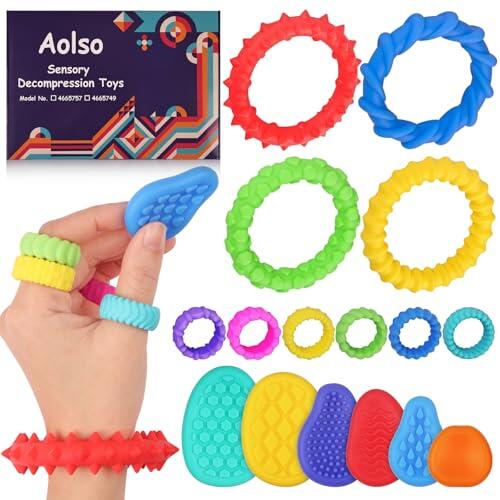 Aolso Pulseras Sensoriales, 4 Unidades de Juguetes de Descompresión de Muñecas +6 Piezas Toys Sensory Stones +6 Piezas Anillo Sensory Stones,Juguete Calmante del Estrés para Niños y Adultos