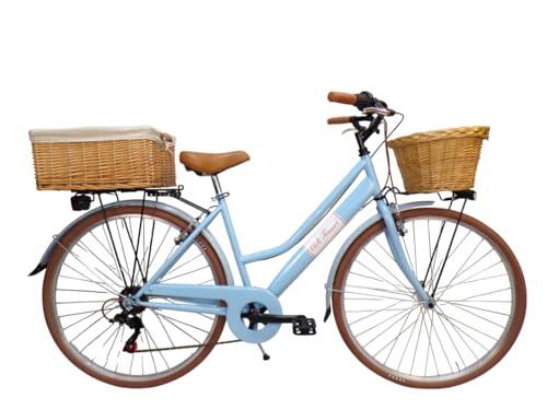 Cicli Tessari - bicicleta de mujer bici de ciudad city bike de paseo de 28'' con cambio vintage retro' con cesta de mimbre y caja (azul)