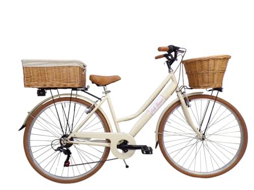 Cicli Tessari - Bicicleta de paseo para mujer de 28 pulgadas con cambio vintage retro con cesta de mimbre y caja (beige)
