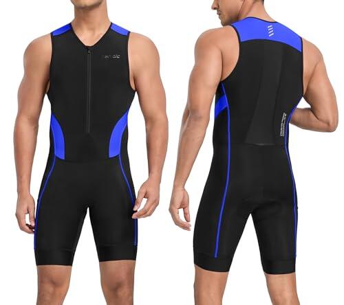 Santic Traje de triatlón para hombre acolchado de una pieza sin mangas Pro Traje de triatlón Trisuit de manga corta para ciclismo, natación, carrera, azul, XL