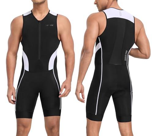 Santic Traje de triatlón para hombre acolchado de una pieza sin mangas Pro Traje de triatlón Trisuit de manga corta para ciclismo natación carrera, Blanco, M