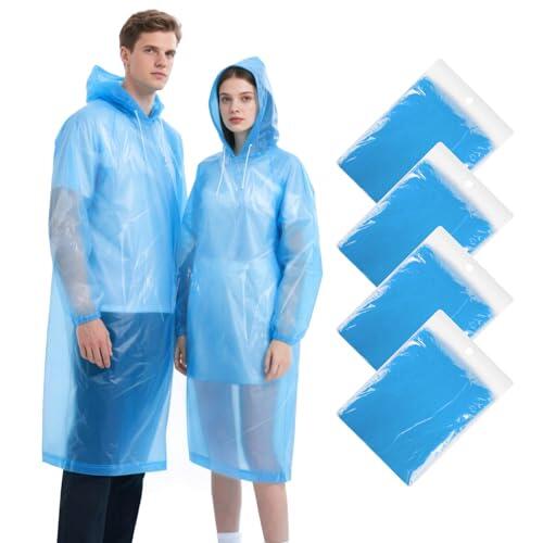 TIECHI Paquete de 4 ponchos de lluvia desechables para adultos, paquete familiar para hombres y mujeres, ponchos de lluvia con capucha y mangas, ideales para parque temático, uso diario