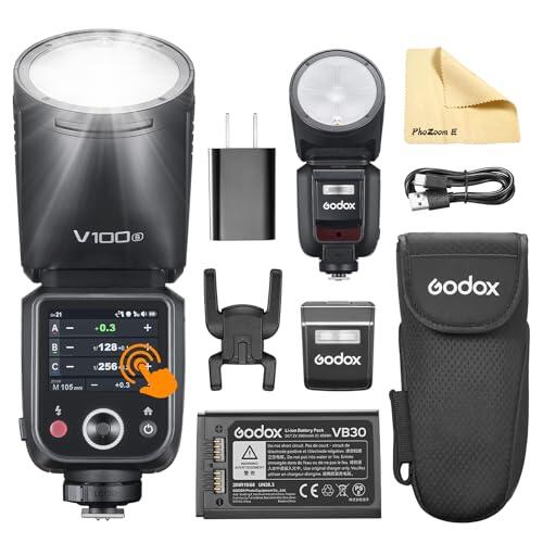 Godox V100-S V100 S Cabeza Redonda Flash de Cámara TTL Speedlite 2.4G Inalámbrico TTL Speedlight Strobe,100Ws HSS 1/8000s con Batería Li-Ion para Cámaras Sony