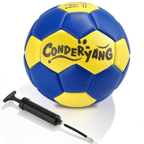 Conderyang Balón de balonmano con aguja de bomba, tamaño 1, balonmano de poliuretano, color azul y amarillo, diseño atractivo y duradero para práctica de entrenamiento de juego de liga juvenil, 5.9