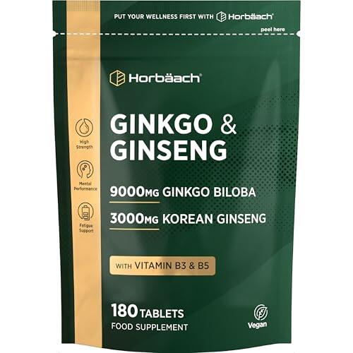 Ginkgo Biloba + Ginseng | Ginkgo 9000mg & Korean Ginseng Root 3000mg | Alta Potencia | 180 Comprimidos Veganos | by Horbaach