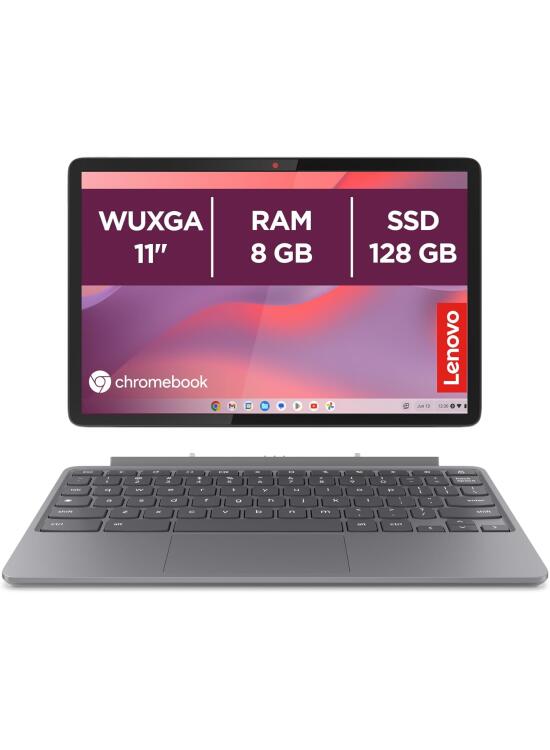 Lenovo Chromebook Duet 11 Gen 9 - Ordenador Portátil 11" WUXGA Táctil + Lápiz Incluido (MediaTek Kompanio 838, 8GB RAM, 128GB Emmc, ChromeOS) Gris QWERTY + 3 Meses Google AI Pro con Gemini Pro y 2TB