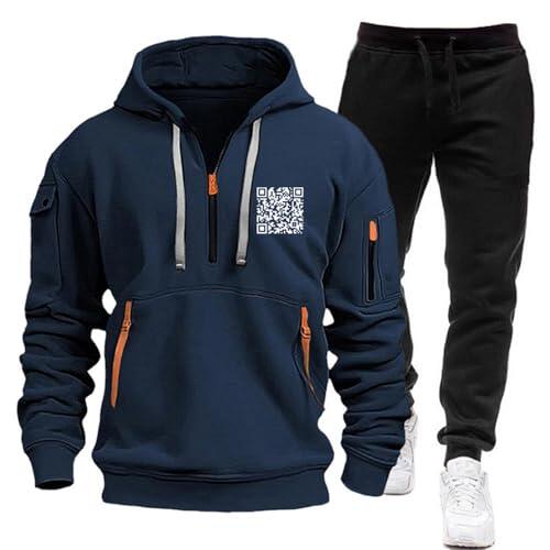 Eauptffy Chándal para hombre de 2 piezas con capucha y pantalones de chándal – Chándales transpirables con cremallera y bolsillo para el tiempo libre Y2K Hip Hop Streetwear, marine, 3XL
