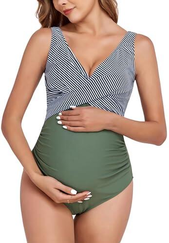 SUMMERSUNSHINE Traje de baño de Maternidad de una Pieza con Cruz Frontal para Embarazo, Traje de baño de Maternidad, Rayas Verde Militar, XL