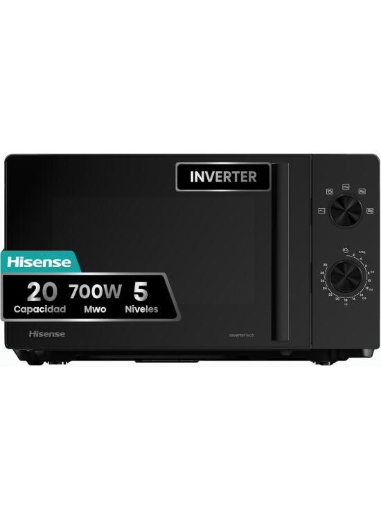 Hisense H20MOBP1HI - Microondas 20 Litros, 700W, Inverter Expert, Descongelación Rápida, Calentamiento Uniforme, Silencioso, Revestimiento Cerámico, Cristal Premium, Modo ECO, 5 Programas