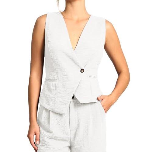 Amazhiyu Chaleco de traje para mujer, chaleco de lino corto, sin mangas, cuello en V, de lino, chaleco vintage de verano, con botones, corte regular, Blanco, L